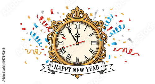 A vintage wall clock with a circular dial shows the final minutes approaching the midnight hour, representing a business deadline concept as the new year numbers mark the passage of time
