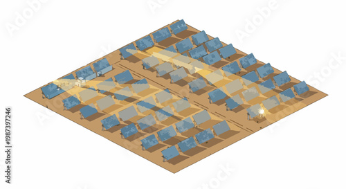 Isometric Solar Power Plant Illustration with Smart Grid Data Flow and Photovoltaic Panels in Desert Environment
