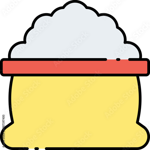 A simple illustration of a sack overflowing with white granular material, possibly sugar, salt, or flour