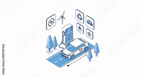 Isometric Electric Vehicle Charging Station Concept with Green Energy Icons, Wind Turbine and Eco-Friendly Technology Illustration