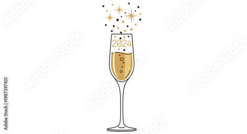 A crystal champagne flute with bubbly golden liquid and rising fizz is isolated on a white background for a celebratory romantic toast
