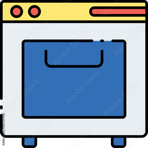 Stylized illustration of a blue and yellow kitchen oven with a simple flat design