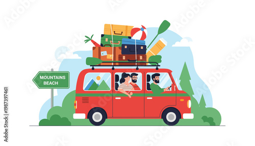 Van travel illustration with family on road trip to mountains and beach