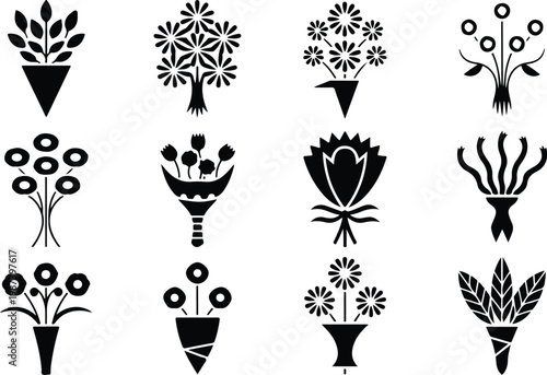 Flower Bouquet Silhouette Icon Collection Set