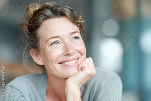 A woman with light eyes and a gentle smile looks up thoughtfully, resting her chin on her hand in a relaxed, bright setting.