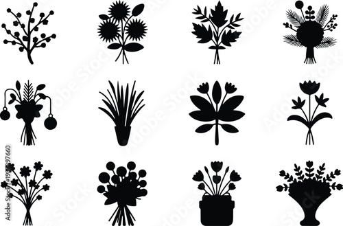 Flower Bouquet Silhouette Icon Collection Set