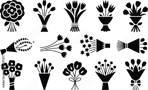 Flower Bouquet Silhouette Icon Collection Set