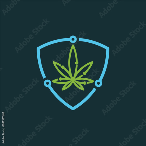 Cannabis leaf inside a digital shield logo.