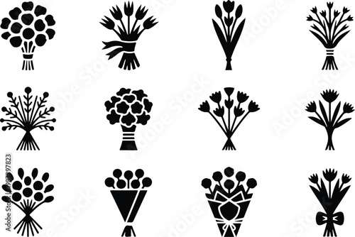 Flower Bouquet Silhouette Icon Collection Set