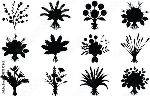Flower Bouquet Silhouette Icon Collection Set