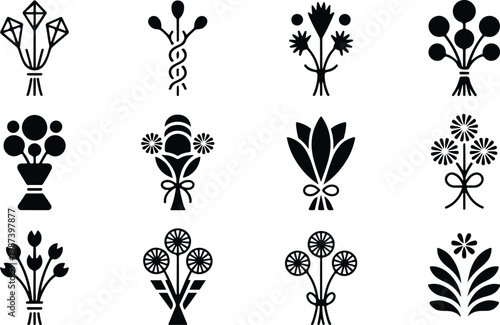 Flower Bouquet Silhouette Icon Collection Set