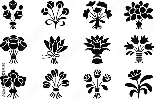 Flower Bouquet Silhouette Icon Collection Set
