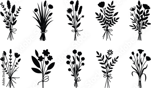 Flower Bouquet Silhouette Icon Collection Set