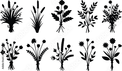 Flower Bouquet Silhouette Icon Collection Set