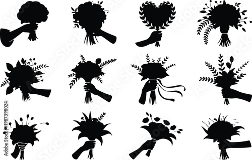 Flower Bouquet Silhouette Icon Collection Set