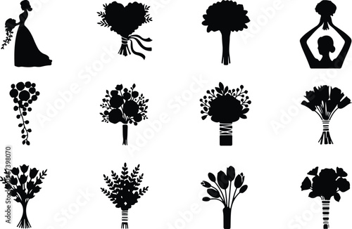 Flower Bouquet Silhouette Icon Collection Set