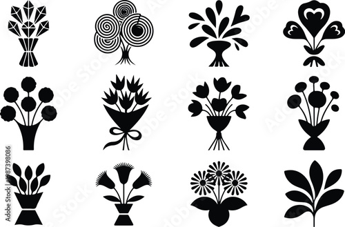 Flower Bouquet Silhouette Icon Collection Set