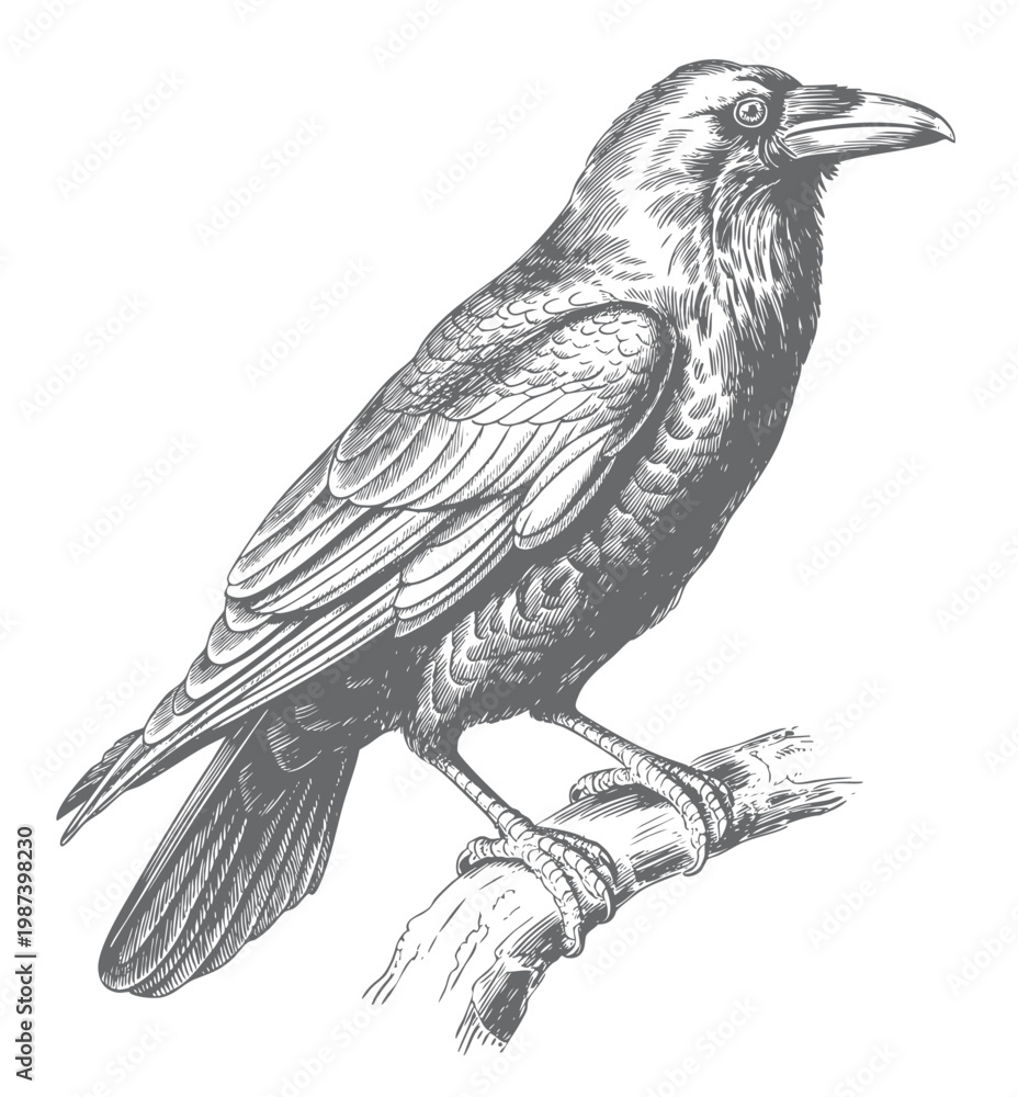 Fototapeta premium Vintage crow bird perched on branch engraving ink sketch illustration.