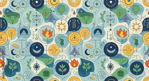 Mystical Nature Pattern: Alchemy Symbols, Celestial Bodies, Plants, and Campfire Elements