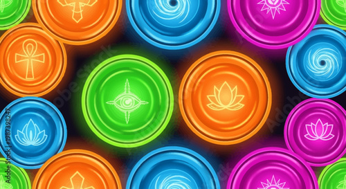 Mystical Symbols & Sacred Geometry Icons on Glowing Circles