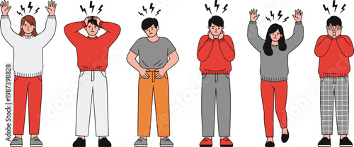 Flat Illustration Set of Stressed People with Headache, Anxiety, and Mental Pressure Showing Frustration, Burnout, and Emotional Distress Isolated on White Background