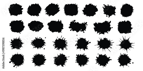 Grunge ink splatter. Splash of paints, spray drops staining and frame with wet paint drop traces vector set. Illustration splash and drip design, silhouette blob spray collection