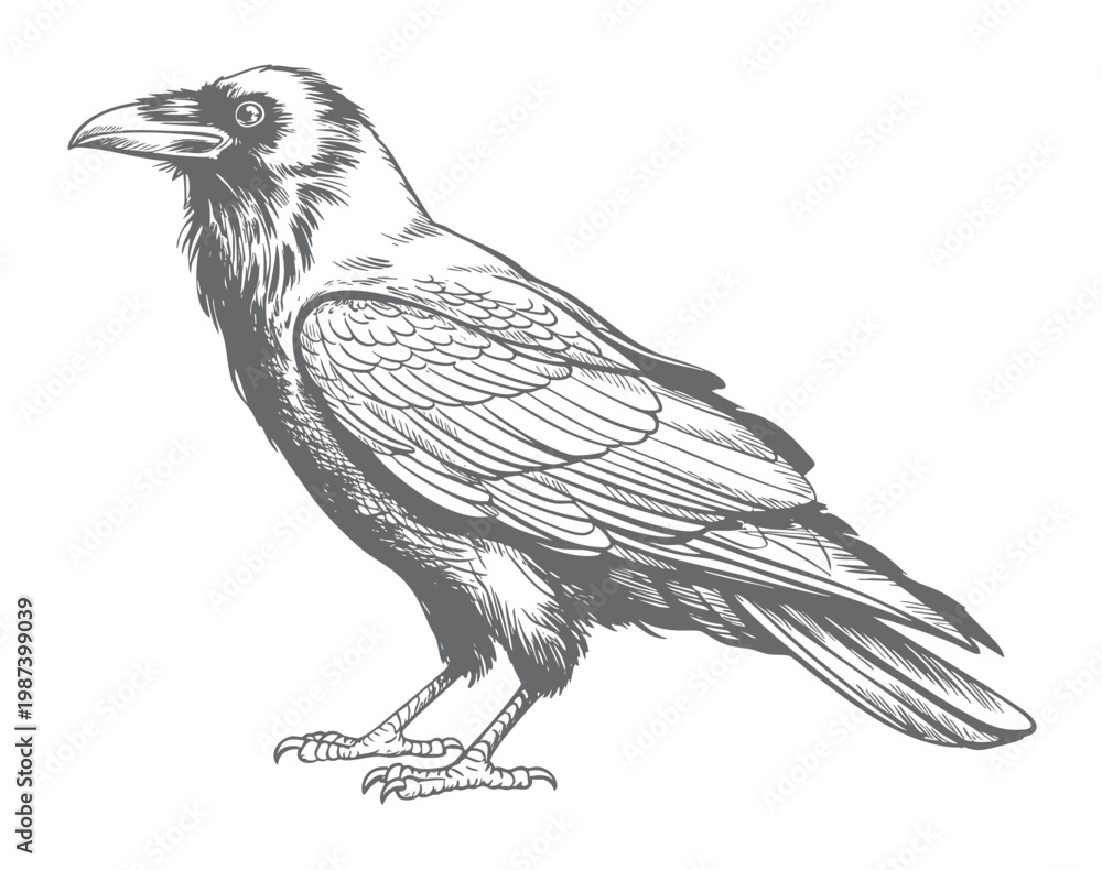 Fototapeta premium Vintage crow bird standing engraving line art isolated illustration.