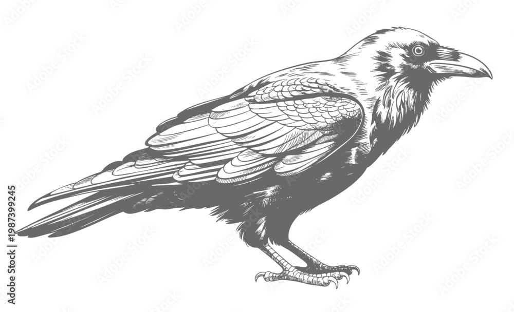 Fototapeta premium Vintage crow bird standing engraving line art isolated illustration.
