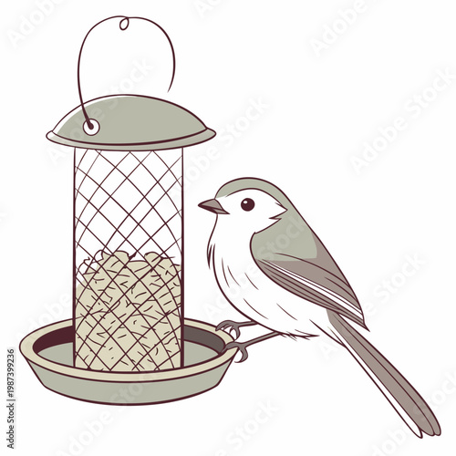 A charming illustration depicts a small grey and white bird perched near a metal cylindrical bird feeder filled with seeds high quality