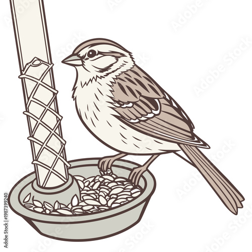 A detailed illustration depicts a sparrow perched on a bird feeder actively feeding from the seeds within high quality professional modern elegant