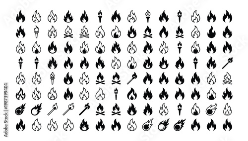 Black fire and flame icons, torches, and campfires on a transparent vector background.