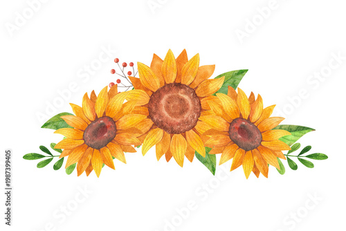 Yellow sunflowers, isolated watercolor composition. Hand drawn bright, colorful flowers in a rustic style. Blooming plants for posters, layouts, cards, and farmers market decor.