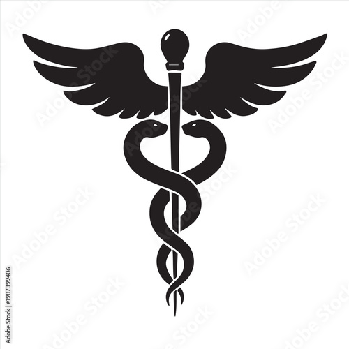 3D golden medical caduceus symbol with snakes and wings on a white background representing a healthcare pharmacy icon or hospital emblem for emergency care and medicine
