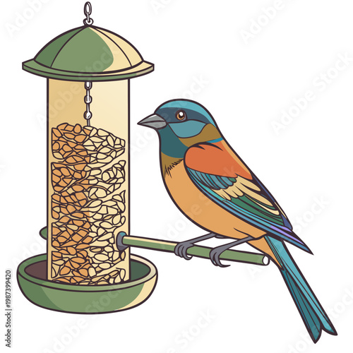 A vibrantly colored bird perches on a branch near a cylindrical bird feeder filled with seeds enjoying a meal high quality professional