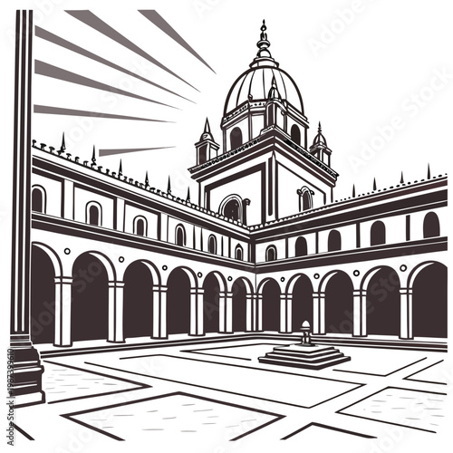 An intricate black and white illustration depicts a classical building with a large dome arches and a courtyard design high quality professional