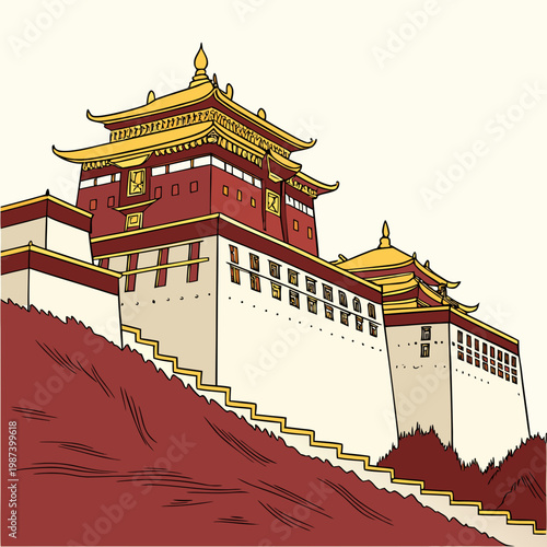 A vibrant detailed illustration depicts a traditional tibetan monastery building featuring multiple tiered roofs and intricate architectural details high quality professional modern