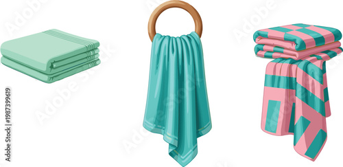 Folded Towels and Hanging Cloth Collection with Soft Bath Textiles in Various Styles for Bathroom Hygiene Flat Vector Illustration Set