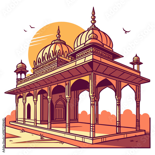 An intricately illustrated depiction of a majestic indian pavilion featuring ornate domes and arches set against a warm sunset high quality professional