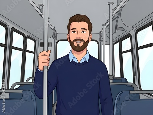 Smiling man with beard holding onto pole inside a public transportation bus