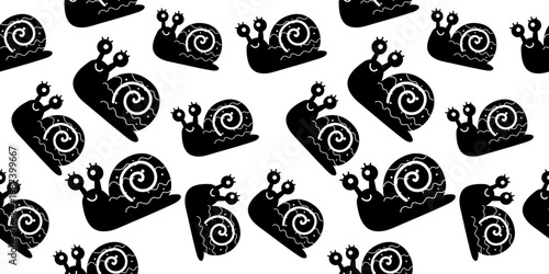Snail silhouette seamless pattern black mollusk background