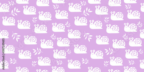 Snail silhouette seamless pattern purple background white insects