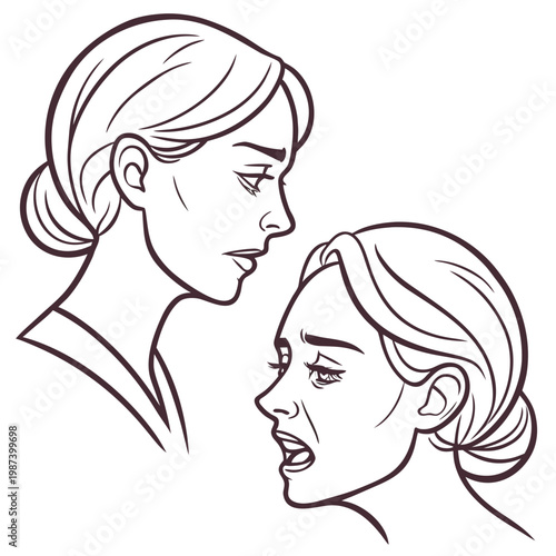 A detailed line drawing depicts two women in profile one comforting the other who appears distressed and upset high quality professional modern