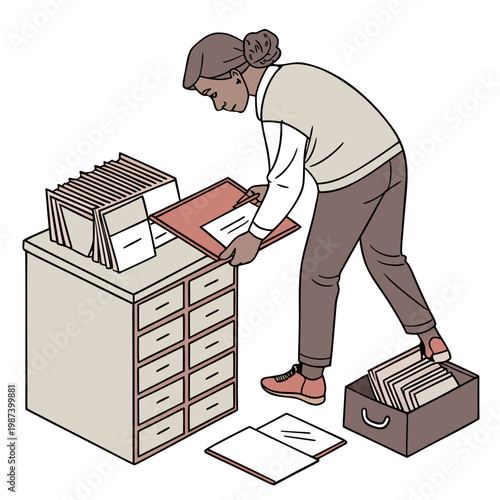 A woman in a white long sleeved shirt and gray sweater is filing papers into a metal file cabinet high quality professional