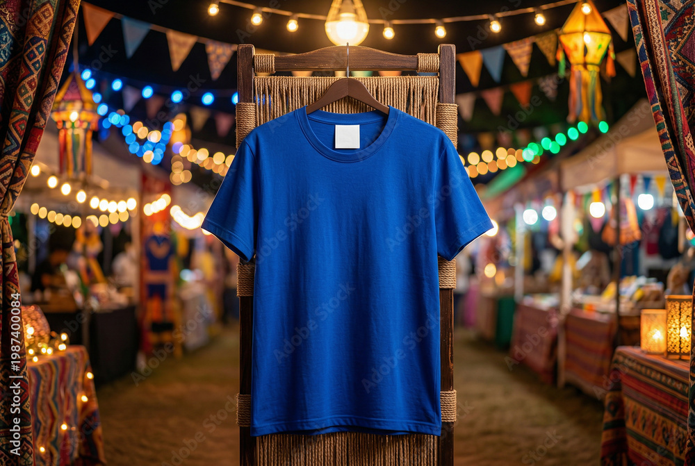 Obraz premium Blue t-shirt mockup hanging outdoors at night market with colorful string lights background.