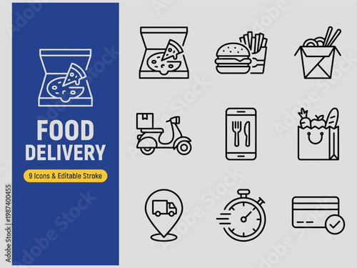 Food delivery service icons set including pizza burger noodles scooter smartphone shopping bag location pin stopwatch credit card