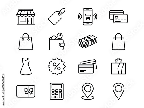 E commerce and shopping icon set hand drawn for retail business and online store marketing with shopping commerce ecommerce business smartphone credit card discount calculator location