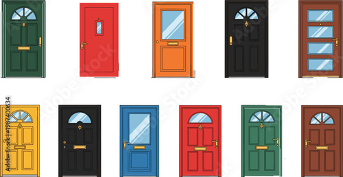 Front Door Vector Set with Colorful Residential Entrance Designs, Modern and Classic House Doors Collection for Architecture, Home Exterior, and UI Illustrations