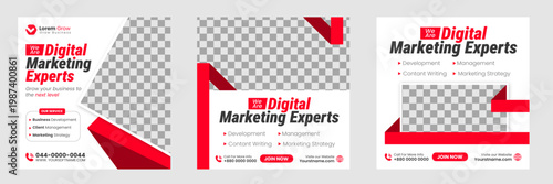 digital marketing ‍social media post banner design template set with dark and red color, grow your business marketing post banner bundle with unique shape and photo collage.