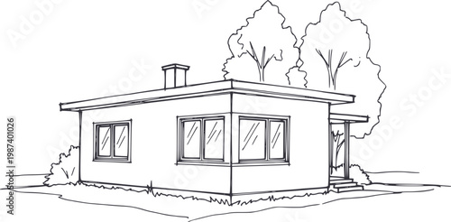 Hand-drawn of a modern bungalow house with trees and chimney white background architecture