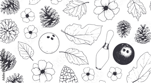 Hand-drawn pattern of pinecones, leaves, flowers, and bowling white leaf
